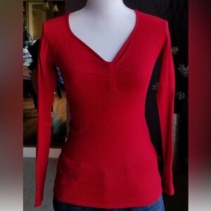 Sexy Fitted Red V-neck Knit Sweater from Europe - Small